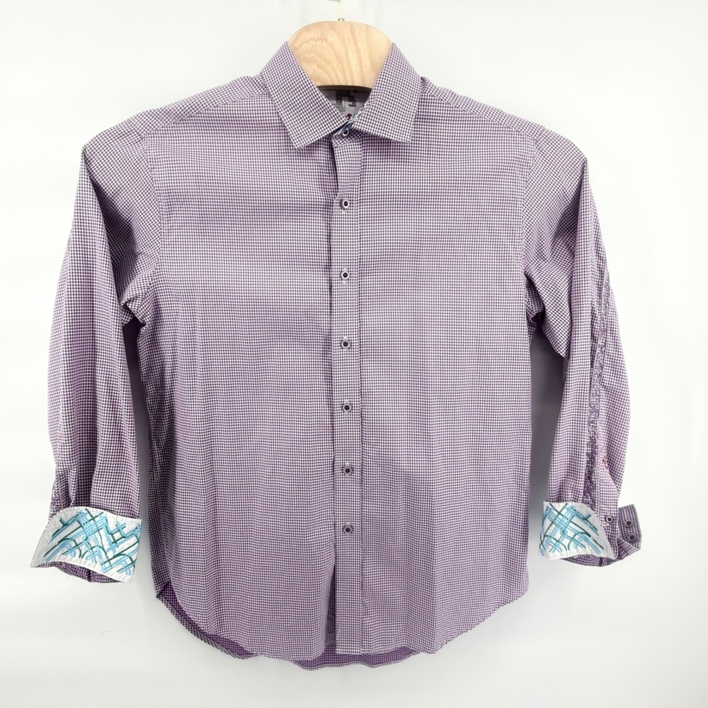 Robert Graham Shirt Mens Large Purple Houndstooth‎ Embroidered Cuff Button Down